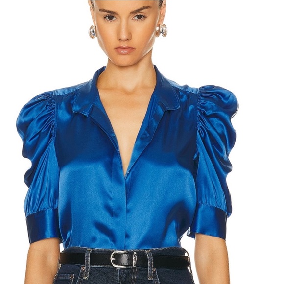 FRAME Gillian Silk Puff Sleeve Blouse in Blue - Picture 1 of 3